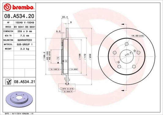 2x BREMBO 08.A534.21 Brake Disc Rear Solid Braking Fits Toyota Auris Corolla