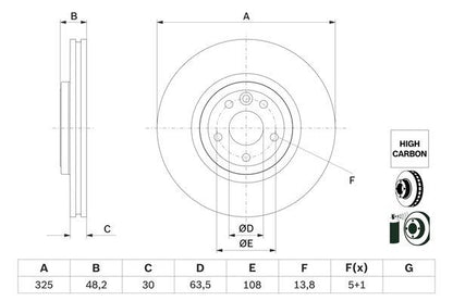 BOSCH 0986479G96 Brake Disc Front 325mm Outer Diameter Fits Jaguar XE XF