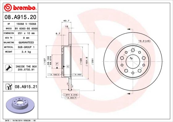2x BREMBO 08.A915.21 Brake Disc Rear Solid Braking System Fits Fiat Tipo 500L