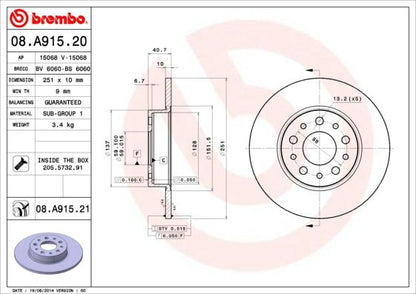 2x BREMBO 08.A915.21 Brake Disc Rear Solid Braking System Fits Fiat Tipo 500L