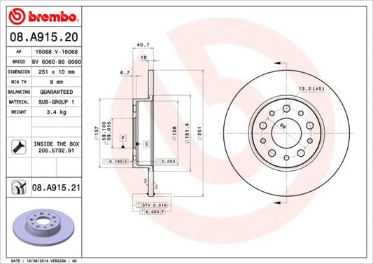 2x BREMBO 08.A915.21 Brake Disc Rear Solid Braking System Fits Fiat Tipo 500L